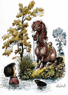 a drawing of a horse standing next to a person in the water with trees and rocks