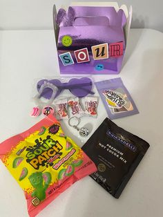 the contents of a candy box are laid out