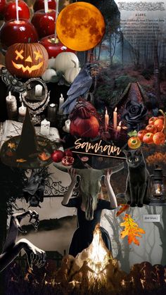 a collage of halloween images with pumpkins, bats and other things in the background