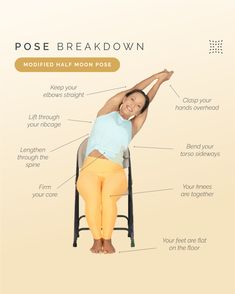 a woman doing yoga poses with the words pose breakdown above her head and below her leg