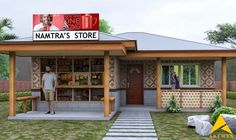 a rendering of a man standing in front of a store on the side of a road