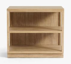 a wooden shelf with two shelves on one side and an open shelf on the other