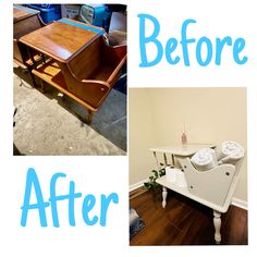 before and after photos of an old desk with new furniture in the background, including a table that has been turned into a coffee table