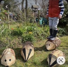 a little boy standing on top of some logs in the grass with other pieces of wood behind him