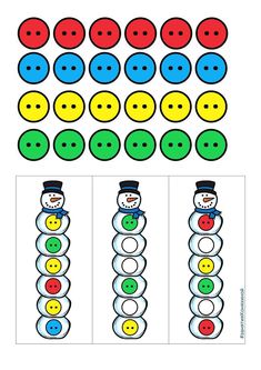 the printable snowman counting game is shown with buttons and numbers to match them