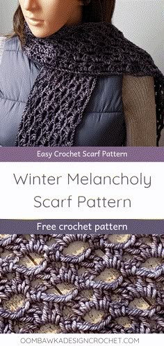 a crochet scarf with text that reads, winter melanholy scarf pattern