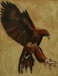 a painting of an eagle flying with it's wings spread out and talons in its claws