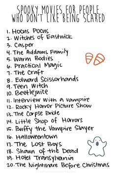 a handwritten list with the words spooky movies for people who don't like being scared