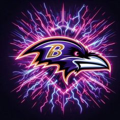 the baltimore ravens logo is surrounded by bright lights and lightnings on a black background