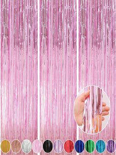 pink tinsel curtain with different colors