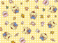 a yellow and white checkered background with small cartoon animals