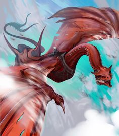 a red dragon is flying through the air