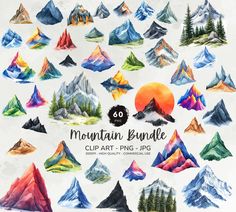 mountains and trees are painted with watercolors in this mountain range clipart - png