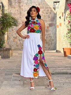 Blue Mexican Dress, Mexican Fashion Modern, Mexican Party Dress, Mexican Style Dresses, Mexican Embroidered Dress, Halter Top Dress, Mexican Fashion, Mexican Outfit, Mexican Dress