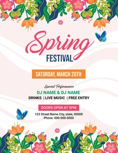 the spring festival flyer is shown with flowers and butterflies on pink, green, orange and blue