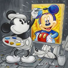 a painting of mickey mouse holding a paintbrush in front of an easel with his face on it