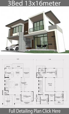 two story house plan with 3 beds and 1 bathrooms in the front, one bedroom on the