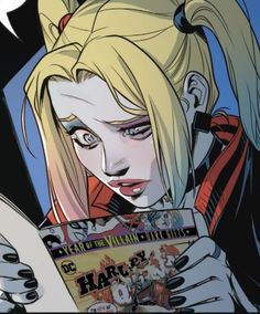 an anime character is reading a comic book with her hair pulled back and looking at the camera