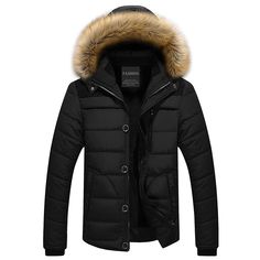 Faux Fur Trim Hooded Puffer Jacket - Black - 3041338924 - Men's Clothing, Men's Outerwear, Men's Coats  #MensCoats #Men's #Clothing # #Men's #Outerwear # #Men's #Coats Winter Jacket Men Parkas, Men Winter Jacket, Men Parka, Mens Fur, Stand Collar Jackets, Fur Hood Coat, Women Outerwear, Mens Parka, Mens Winter Coat