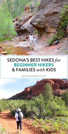 two people walking down a dirt road with the words sedona's best hikes for beginners and families with kids