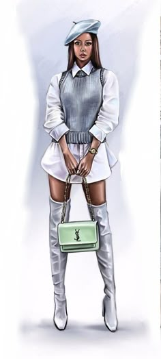 a drawing of a woman holding a handbag in her right hand and wearing thigh high boots