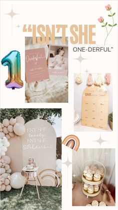 a collage of photos with balloons, cake and other items for a baby's first birthday