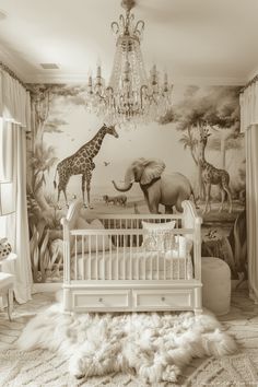 a baby's room with an elephant and giraffe mural