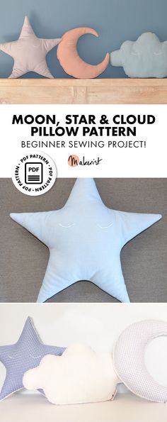 the moon, star and cloud pillow pattern is shown in three different colors with text overlay