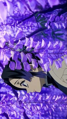 an anime character is standing in front of purple flowers and leaves with her head tilted to the side