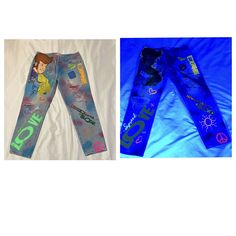 Hand painted Upcycled jeans with mixed media glow elements applied for true retro fun!  Upcycled pair is RSQ jeans SOHO BOYFRIEND style size 9/29 (these actually fit smaller and have zero stretch due to paint/elements, please  go by measurements for best fit) I highly suggest UNDER not EXACT measures as they look best as a loose fit) Measurements are as follows(all taken lying FLAT): Waist- 15" Hip-18" Rise- 10" Inseam- 26" Thigh width -10" Ankle width- 6" Reworked Retro Jeans For Streetwear, Nightmare Before Christmas Jeans, Mid-rise Recycled Denim Pants For Streetwear, Graffiti Print Boufriend Jeans, Hand Painted Denim Jeans For Streetwear, Neon Jeans, Donnie Wahlberg, Summer Tour, Boyfriend Style