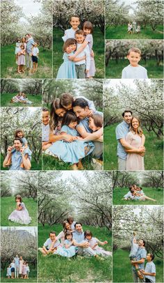 a collage of people hugging each other in an apple orchard