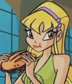 a cartoon character holding a sandwich in her hand