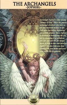 an angel with large white wings is in front of a gold and black frame that reads, the archangels