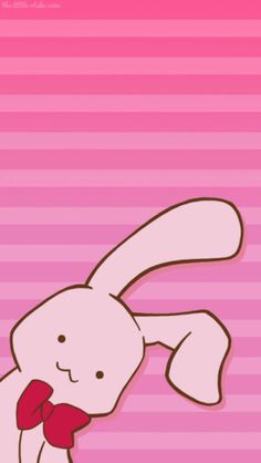 a cartoon rabbit with a bow tie on it's chest, standing in front of a pink striped background