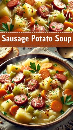 sausage potato soup in a bowl with bread on the side