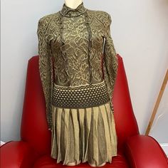 Roberto Cavalli Dress Size 38 Designer Long Sleeve Fall Dresses, Designer Long Sleeve Dresses For Fall, Luxury Long-sleeved Pleated Dress, Luxury Fitted Knee-length Dress, Designer Long Sleeve Fitted Mini Dress, Gold Fitted Long-sleeved Dress, Gold Pleated Cocktail Dress, Fitted Gold Dress With Long Sleeves, Gold Fitted Long Sleeve Dress