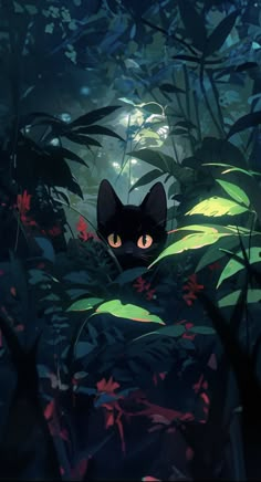 a black cat peeking out from behind some leaves in the dark forest with bright yellow eyes