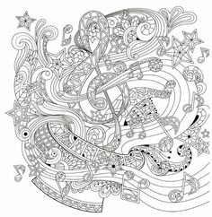 an abstract coloring page with music notes and stars