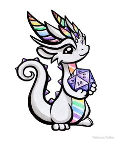 a drawing of a dragon holding a dice with rainbows on it's face