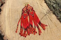 Extra long red earrings Matching Evening by BeadCreativityByOlia Red Beaded Earrings, Red Bead Earrings, Earrings Matching, Native American Style, Native American Fashion, Beading Projects, Red Earrings, Long Red, Earrings Long