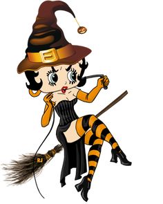 a cartoon girl dressed as a witch flying on a broom with her hand in the air