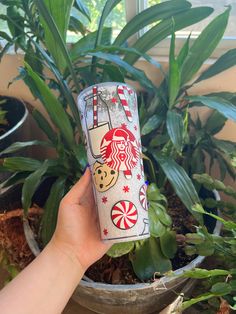 a hand holding up a starbucks cup with candy canes and cookies on it in front of a potted plant