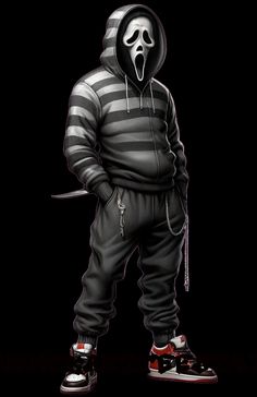 a drawing of a person wearing a striped hoodie and pants with a mask on