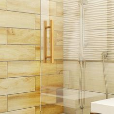 a bathroom with wooden walls and tile flooring, shower head and hand held faucet