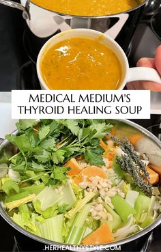 two bowls filled with different types of food and the words medical medium's, hydroid healing soup