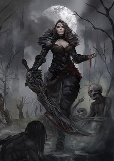 a woman dressed as a witch riding on a horse in the woods with two skeletons