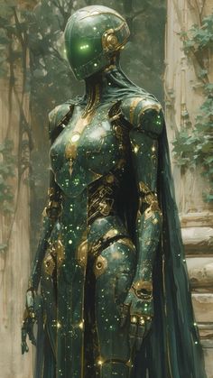 a painting of a woman dressed in green and gold armor with her hands on her hips