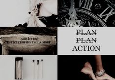 a collage of black and white photos with the words plan plan action on it