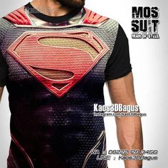 a man wearing a superman t - shirt with the words mos suit on it