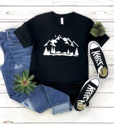 Mountain Shirt, Mountain Silhouette Shirt, Camp Outdoors Nature Campers T-Shirt Tent Forest Camper Nature Lovers Gift Shirt for Men - Women My shirts, sweatshirts, and tanks are a fun and joyous way to show your style while shopping, heading to the beach, and bringing your children to social events, family outings, and everyday life. All my t-shirt designs are direct to garment, Eco-friendly and provide the best quality and longevity.  Mountain Shirt Picture: Bears in the Forest  Sizes: S - 2XL Black Crew Neck Shirt For Outdoor, Black Graphic Tee For Camping, Casual Black Crew Neck Camp Shirt, Black Cotton T-shirt For Outdoor, Black Crew Neck Shirt For Outdoor Activities, Black Short Sleeve Camp Shirt For Outdoor, Black Crew Neck T-shirt For Camping, Black T-shirt For Hiking With Letter Print, Black Letter Print T-shirt For Hiking